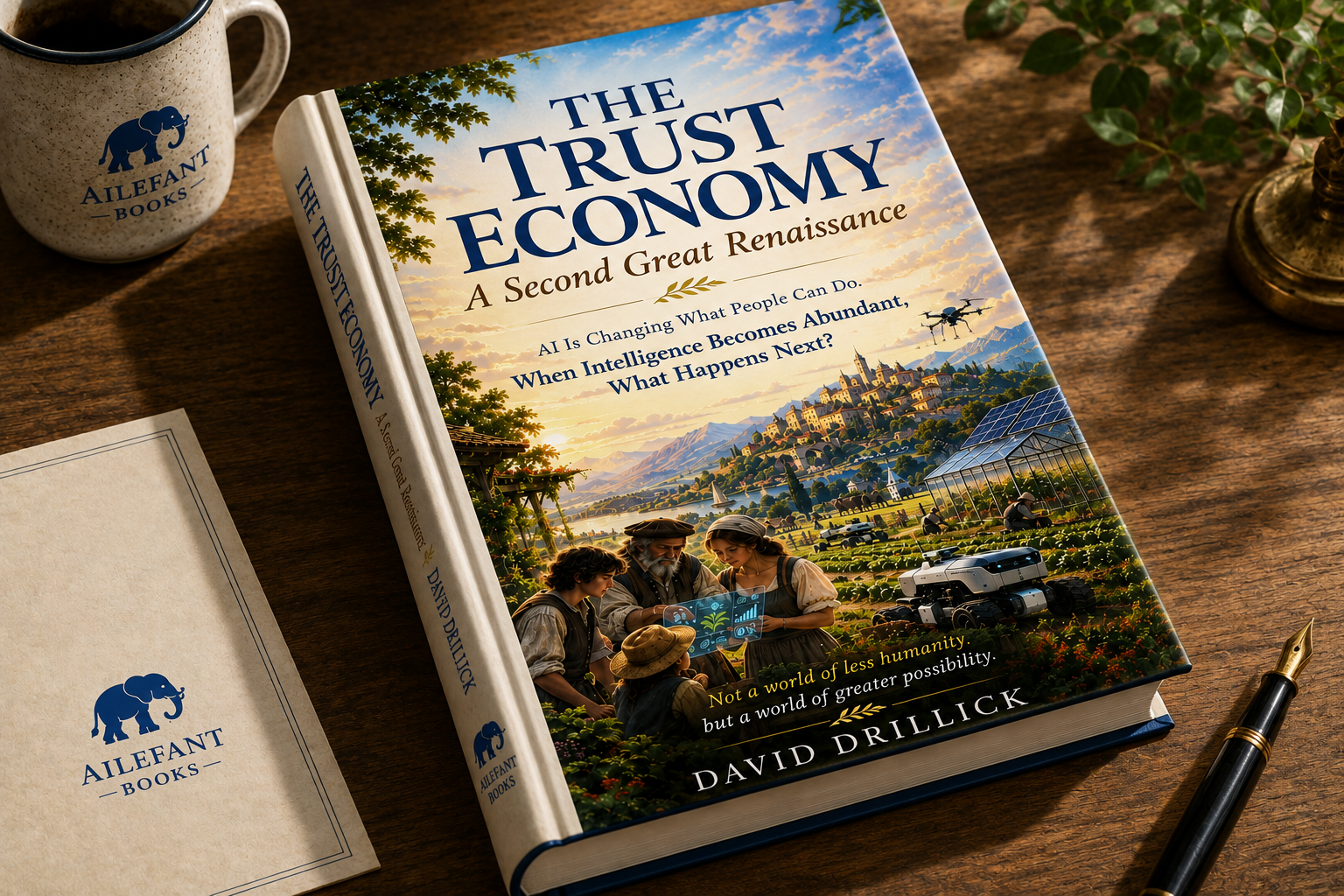 The Trust Economy hardcover book resting on a wooden table